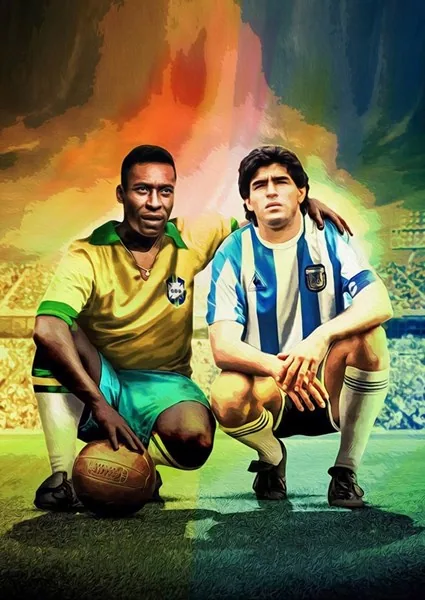 Deux joueurs de football en maillot du Brésil et de l'Argentine, accroupis sur la pelouse